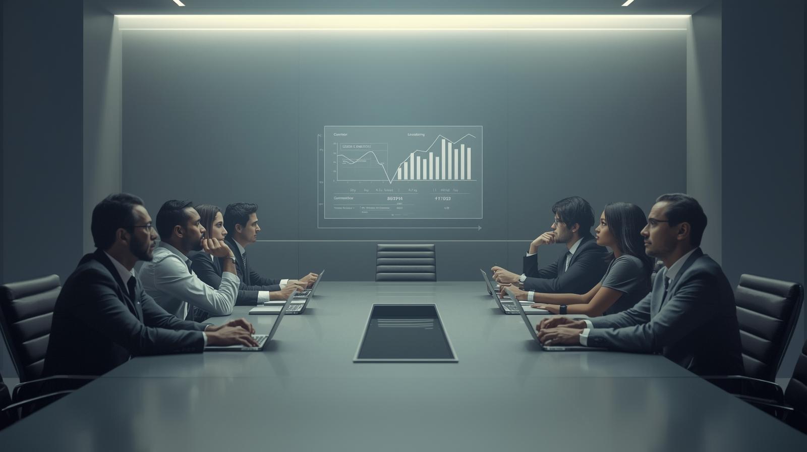 Business people in a modern conference room looking at a projected financial graph.